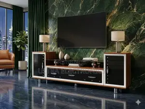 Features A Sleek, Multi-textured Design Combining Wood Tones, Glass,