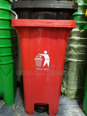 Garbage Red Plastic Trash Bin Features a Convenient Pedal-Operated