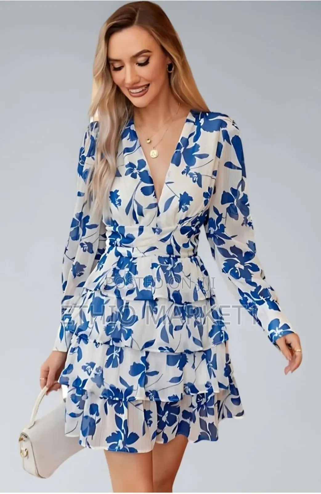 Women's Blue Floral Ruffle Mini Dress With Long Sleeves