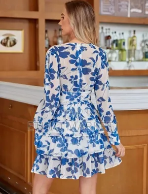 Women's Blue Floral Ruffle Mini Dress With Long Sleeves