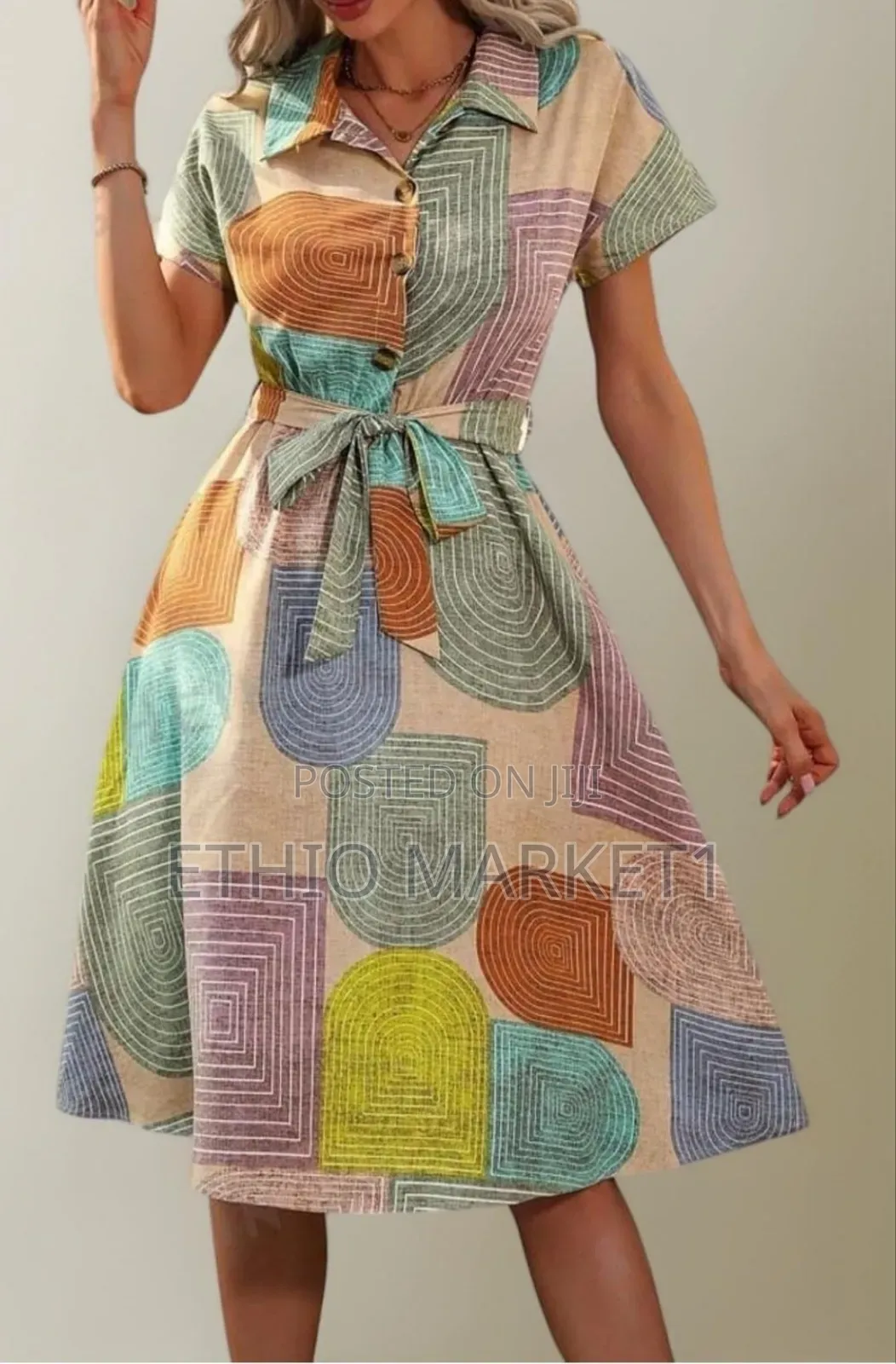 Women's Multicolor Geometric Print Midi Dress With Belt