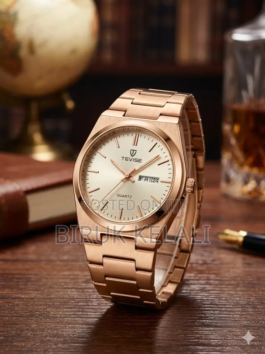 Tevise Watch Features a Rose Gold Case and Stainless Steel Strap.