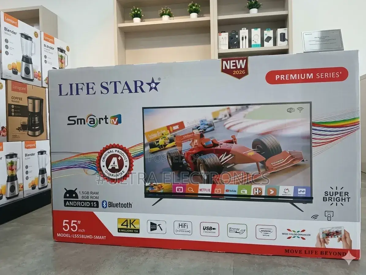 Life Star 55 Inch የተሰኘ የቴሌቪዥን ብራንድ ማሸጊያ ካርቶን (ሳጥን) ሲሆን፣ በላዩ ላይ የተገለጹት
