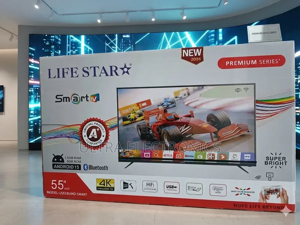 Life Star 55 Inch የተሰኘ የቴሌቪዥን ብራንድ ማሸጊያ ካርቶን (ሳጥን) ሲሆን፣ በላዩ ላይ የተገለጹት