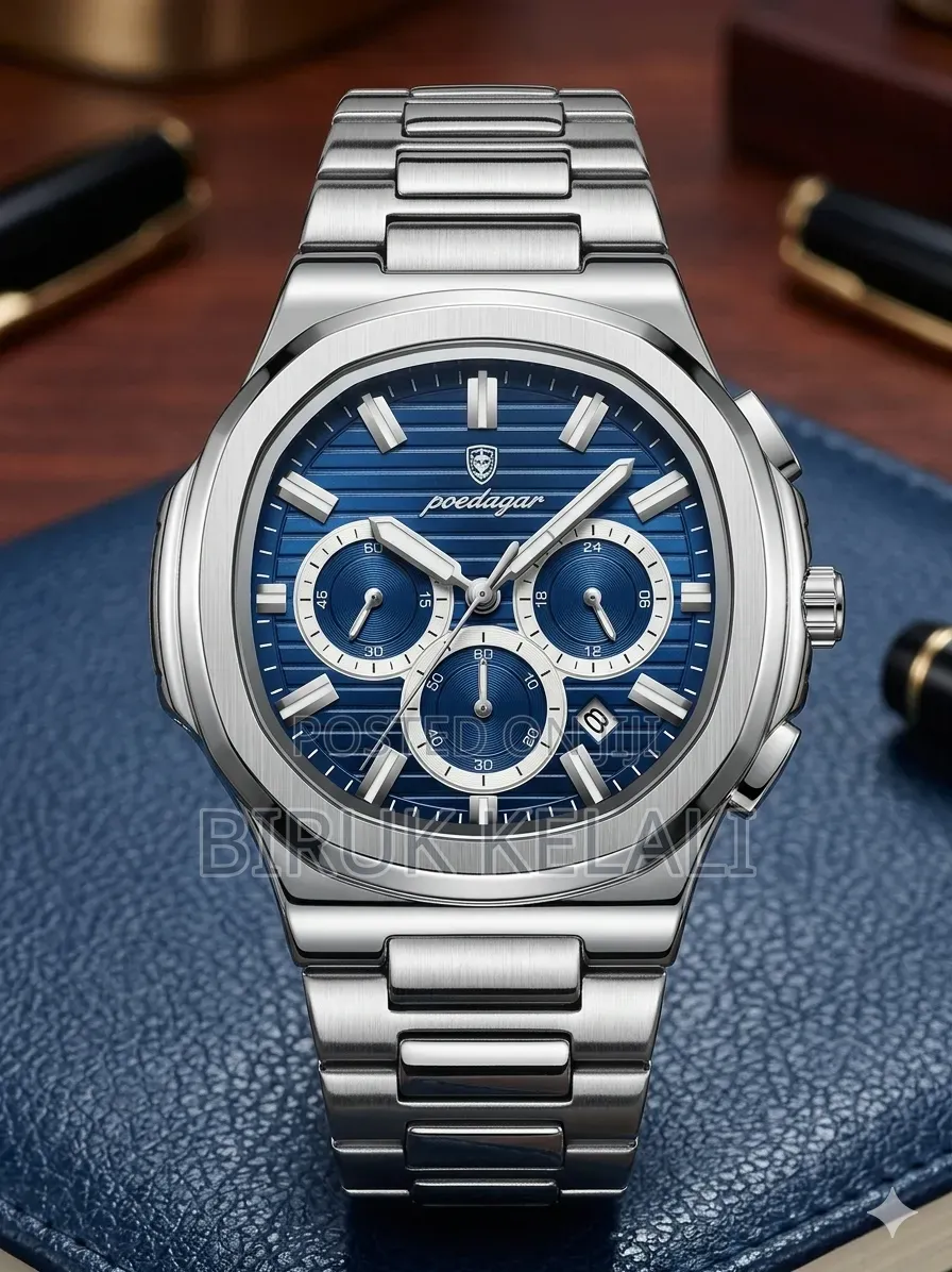 Poedagar 834 Luxury Chronograph Watch, Featuring a Blue Dial