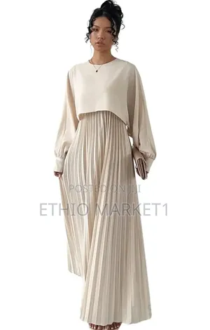 Elegant Pleated Maxi Dress With Long Bishop Sleeves