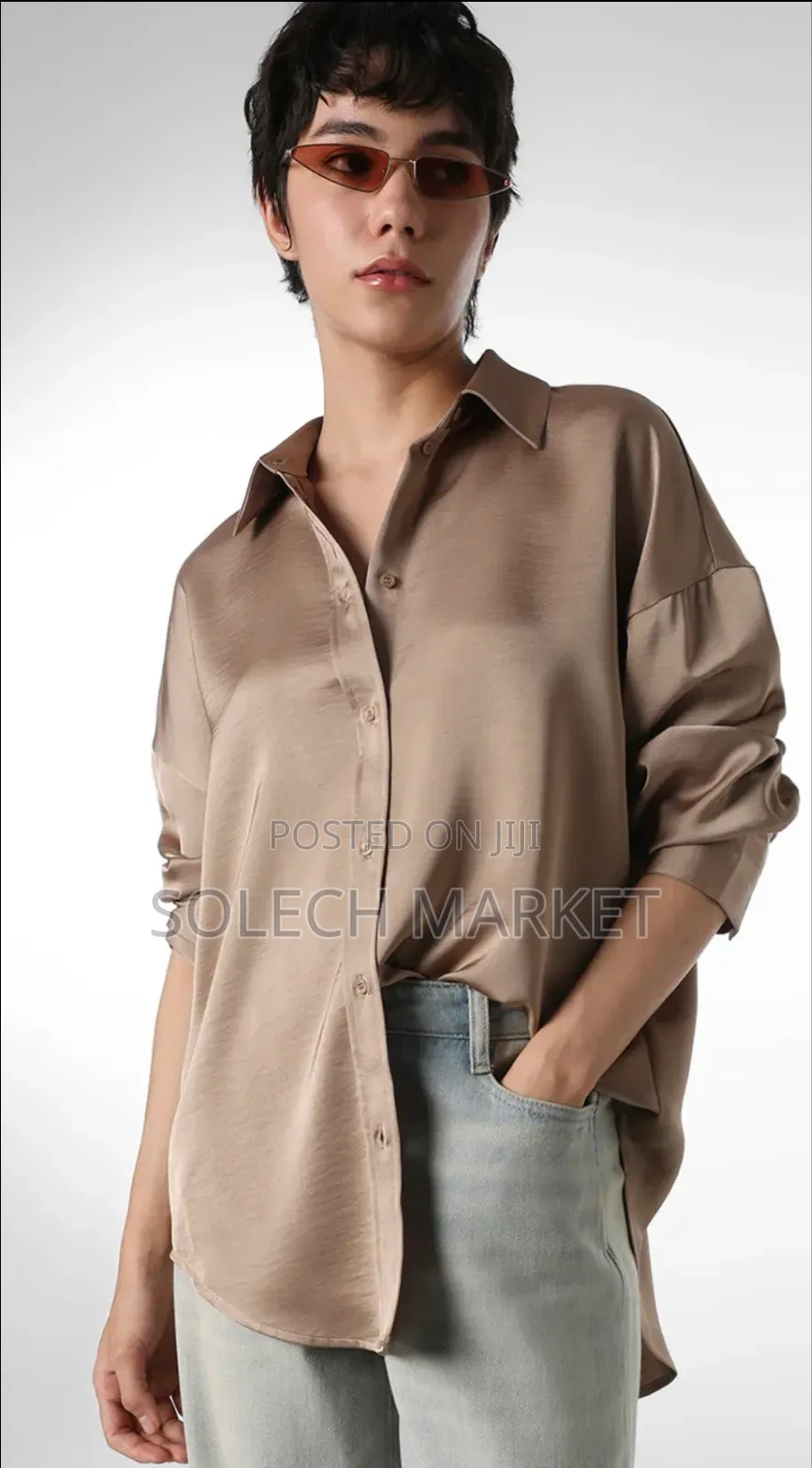 Neutral-Toned Satin Button-Down