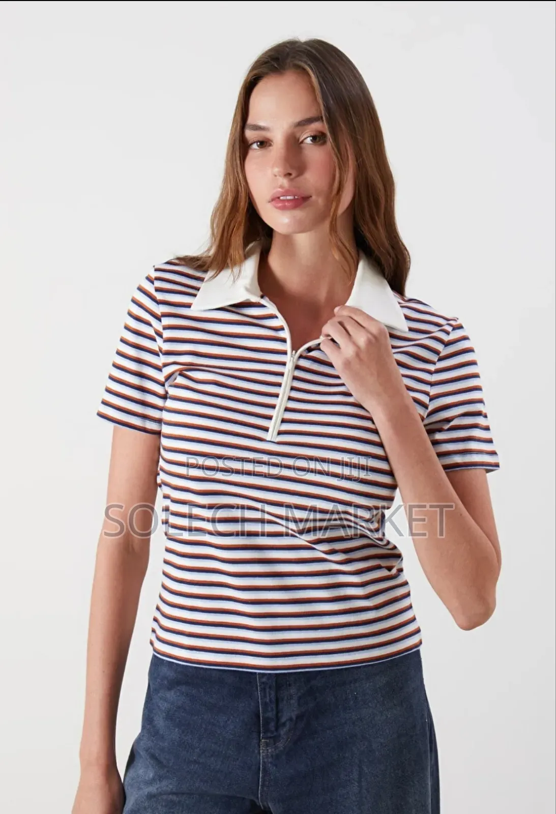 White and Brown Striped Polo Shirt