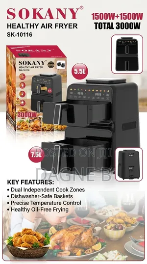 13 Litre Sokany Air Fryer Sk-10116 ባለሁለት ቅርጫት ያለ ዘይት መጥበሻ