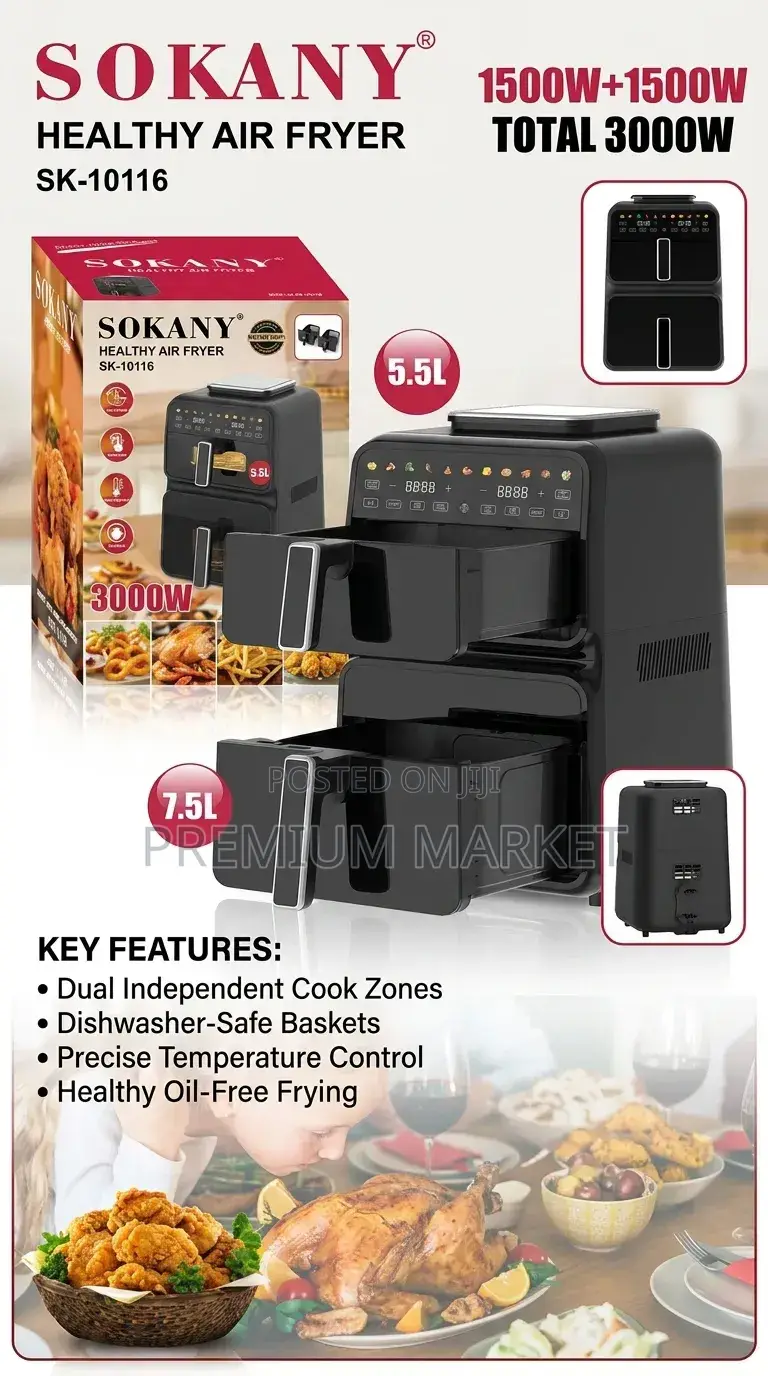 13 Litre Sokany Air Fryer Sk-10116 ባለሁለት ቅርጫት ያለ ዘይት መጥበሻ