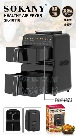 13 Litre Sokany Air Fryer Sk-10116 ባለሁለት ቅርጫት ያለ ዘይት መጥበሻ
