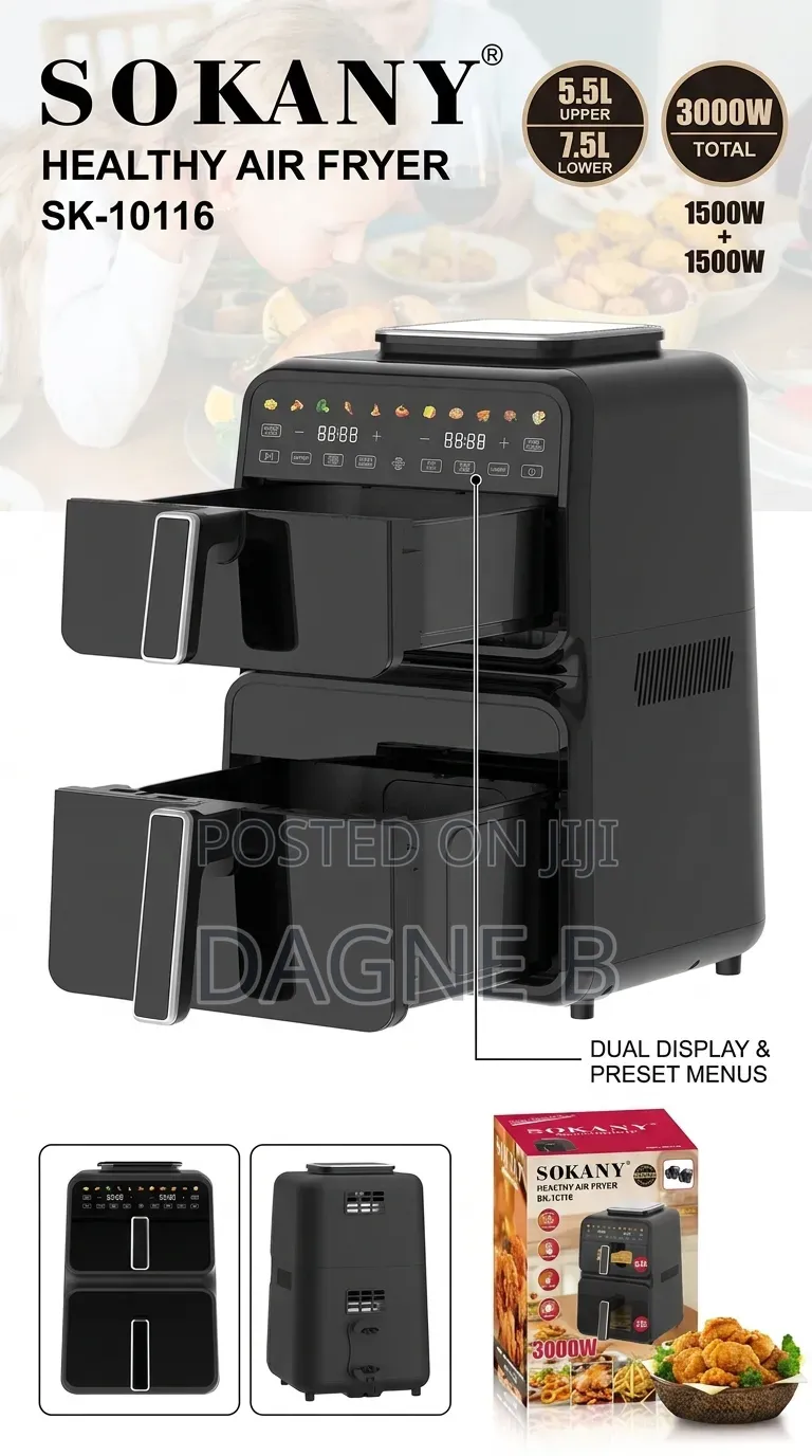 13 Litre Sokany Air Fryer Sk-10116 ባለሁለት ቅርጫት ያለ ዘይት መጥበሻ