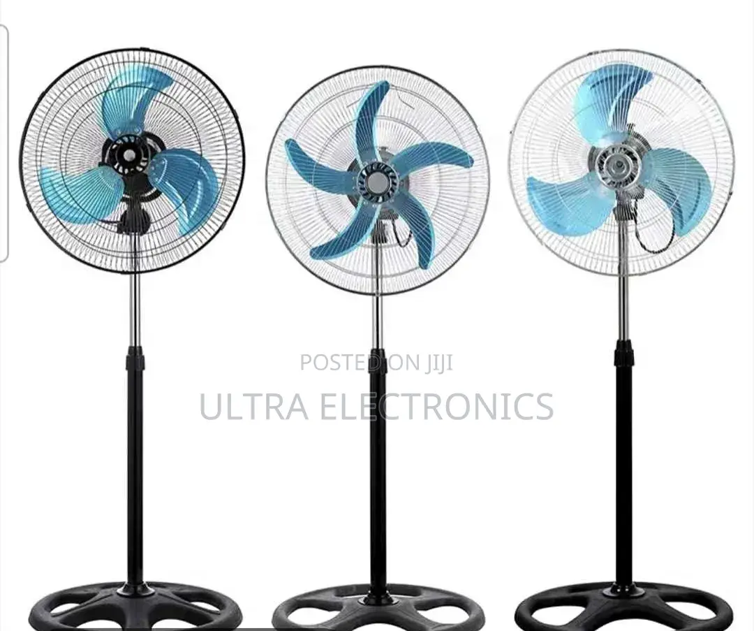 Fan Pedestal Features a Silver Cage and Blue Blades