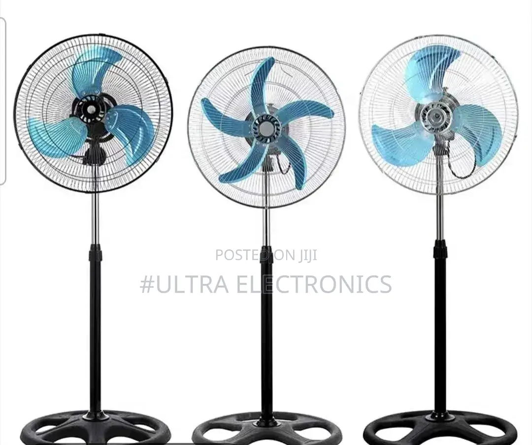 Fan Pedestal Features a Silver Cage and Blue Blades