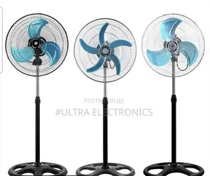 Fan Pedestal Features a Silver Cage and Blue Blades