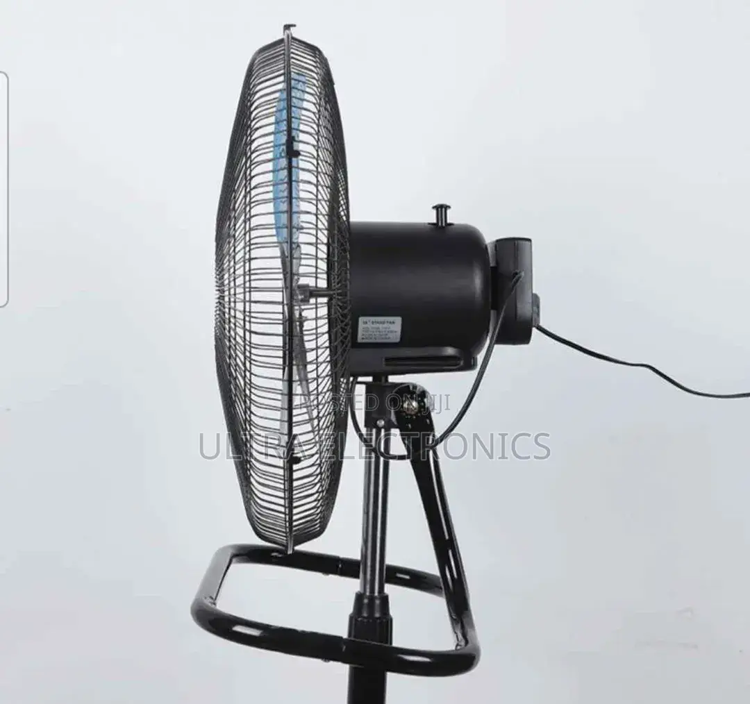 Black 18-Inch Industrial Stand Fan Features a Durable Metal