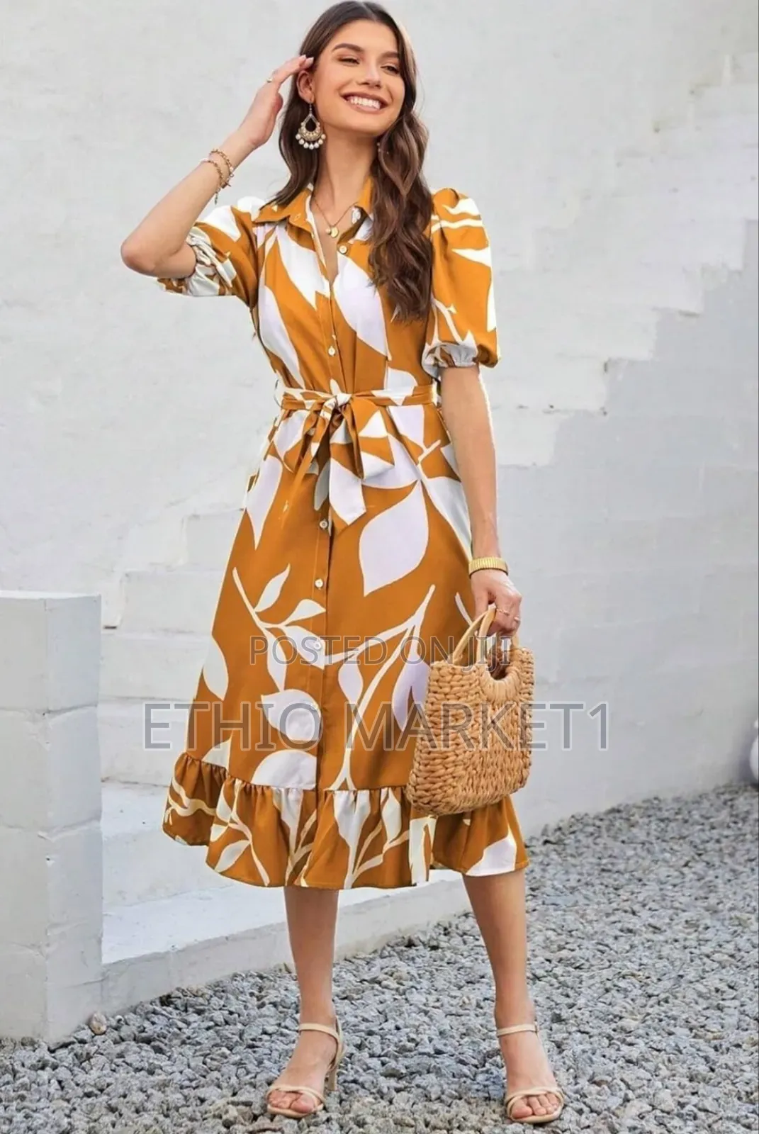 Casual Midi Dress Golden Brown With White Botanical Print