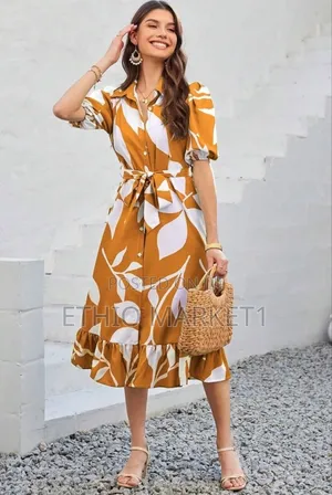 Casual Midi Dress Golden Brown With White Botanical Print
