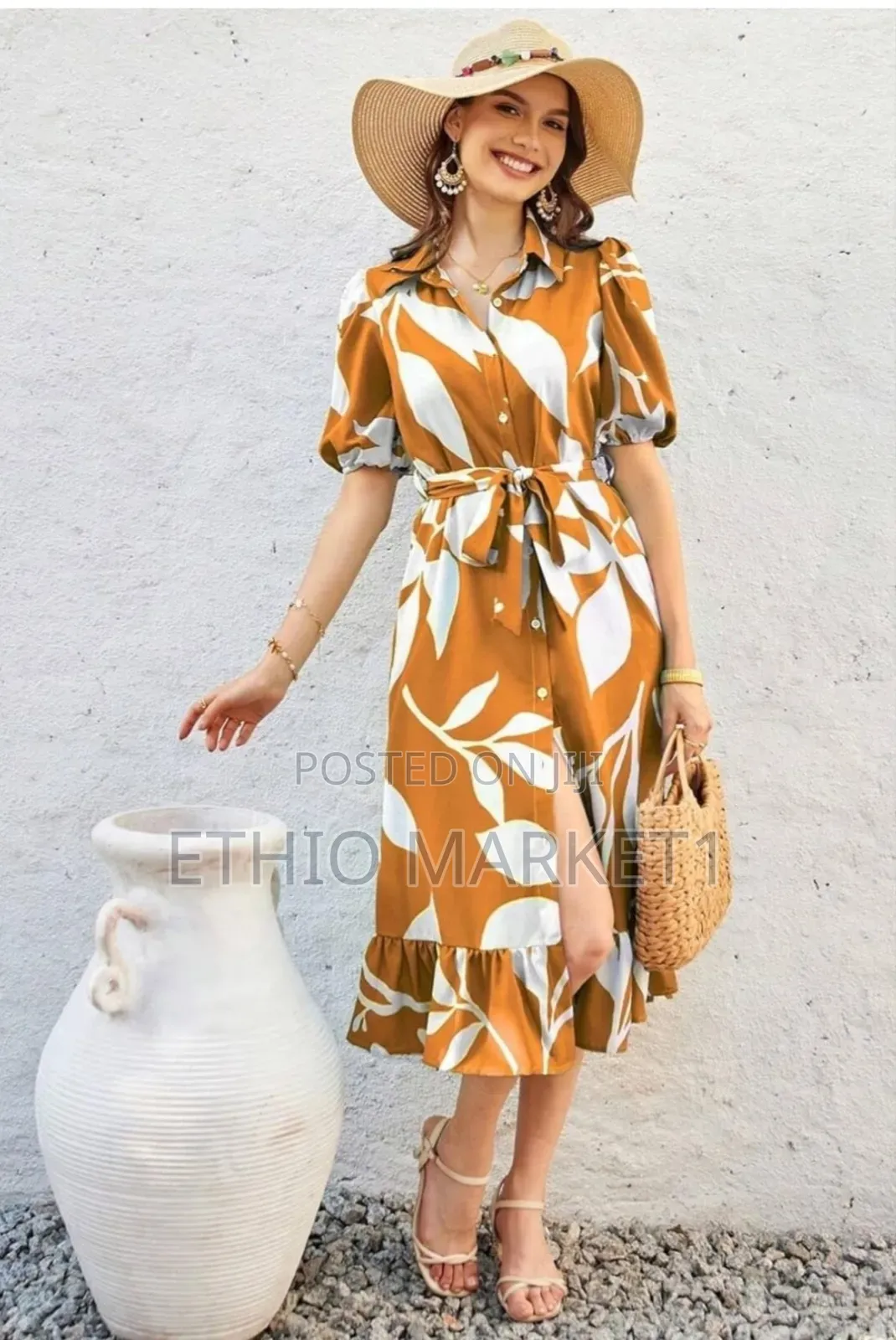 Casual Midi Dress Golden Brown With White Botanical Print