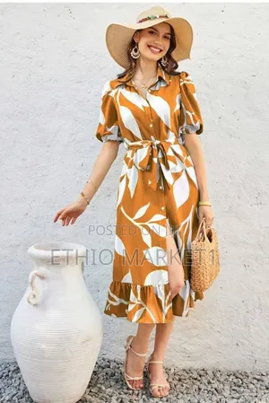 Casual Midi Dress Golden Brown With White Botanical Print