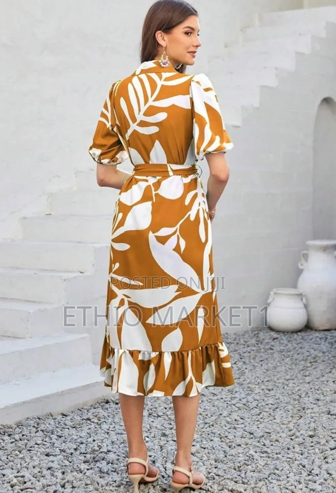 Casual Midi Dress Golden Brown With White Botanical Print