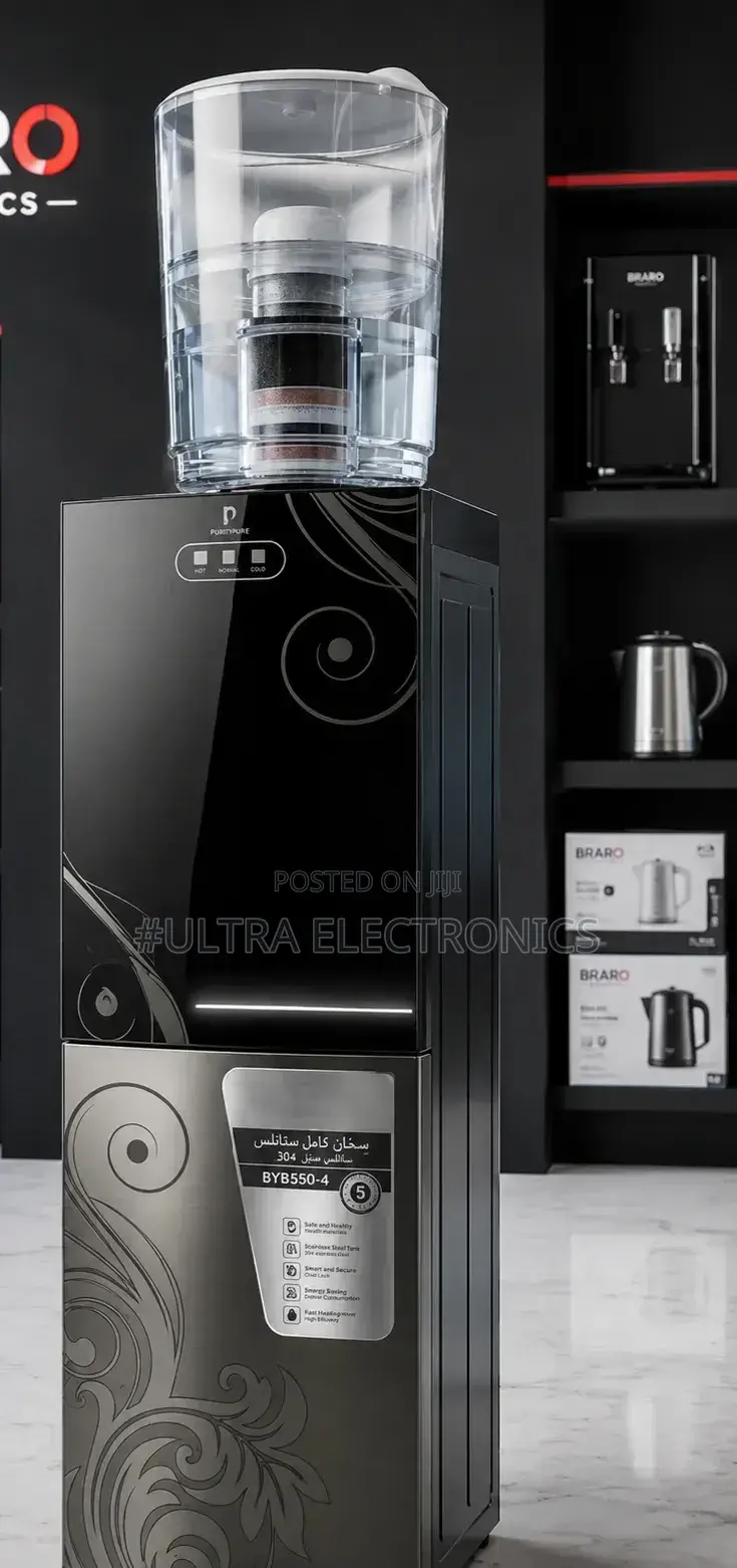 Water Purifier Features a Top-Mounted Filtration Tank and a Black Body
