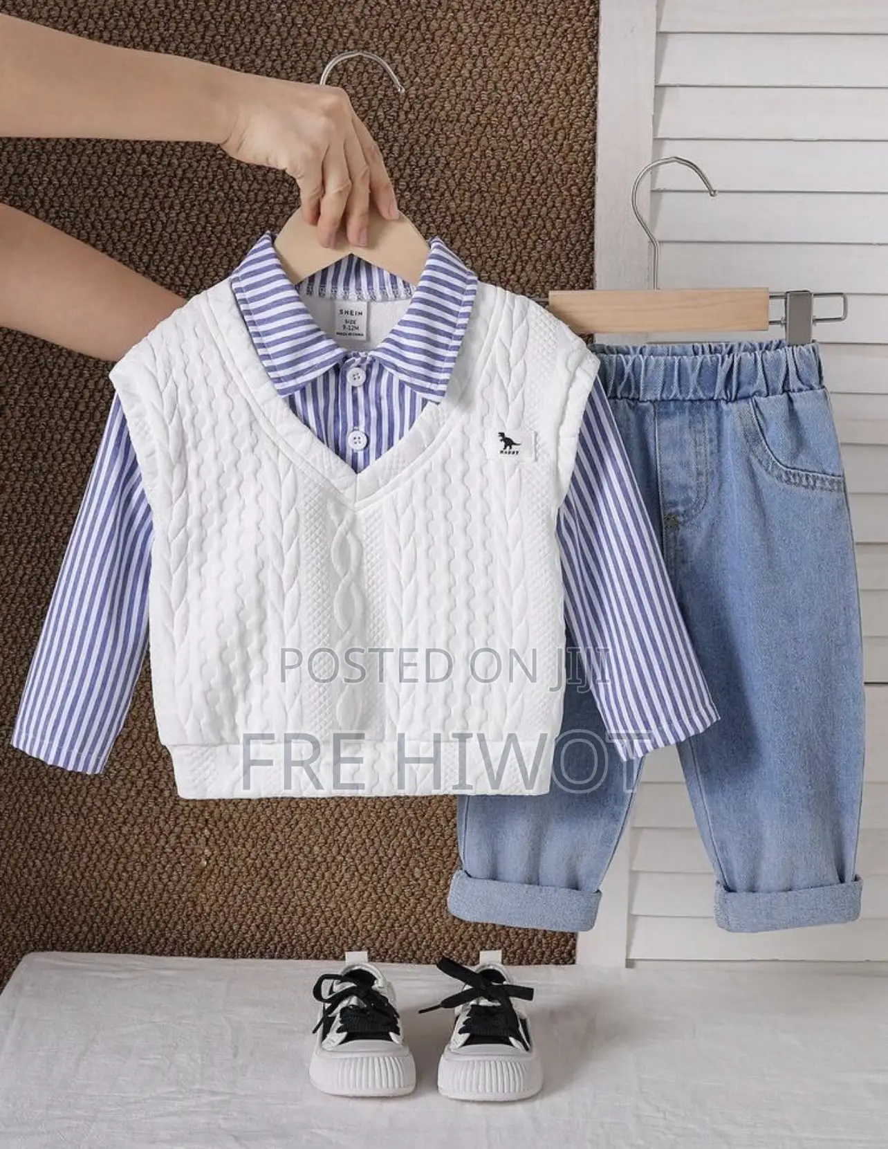 2pcs/Set Baby Boys,Long Sleeve Blue White Stripe Shirt,Knit Vest