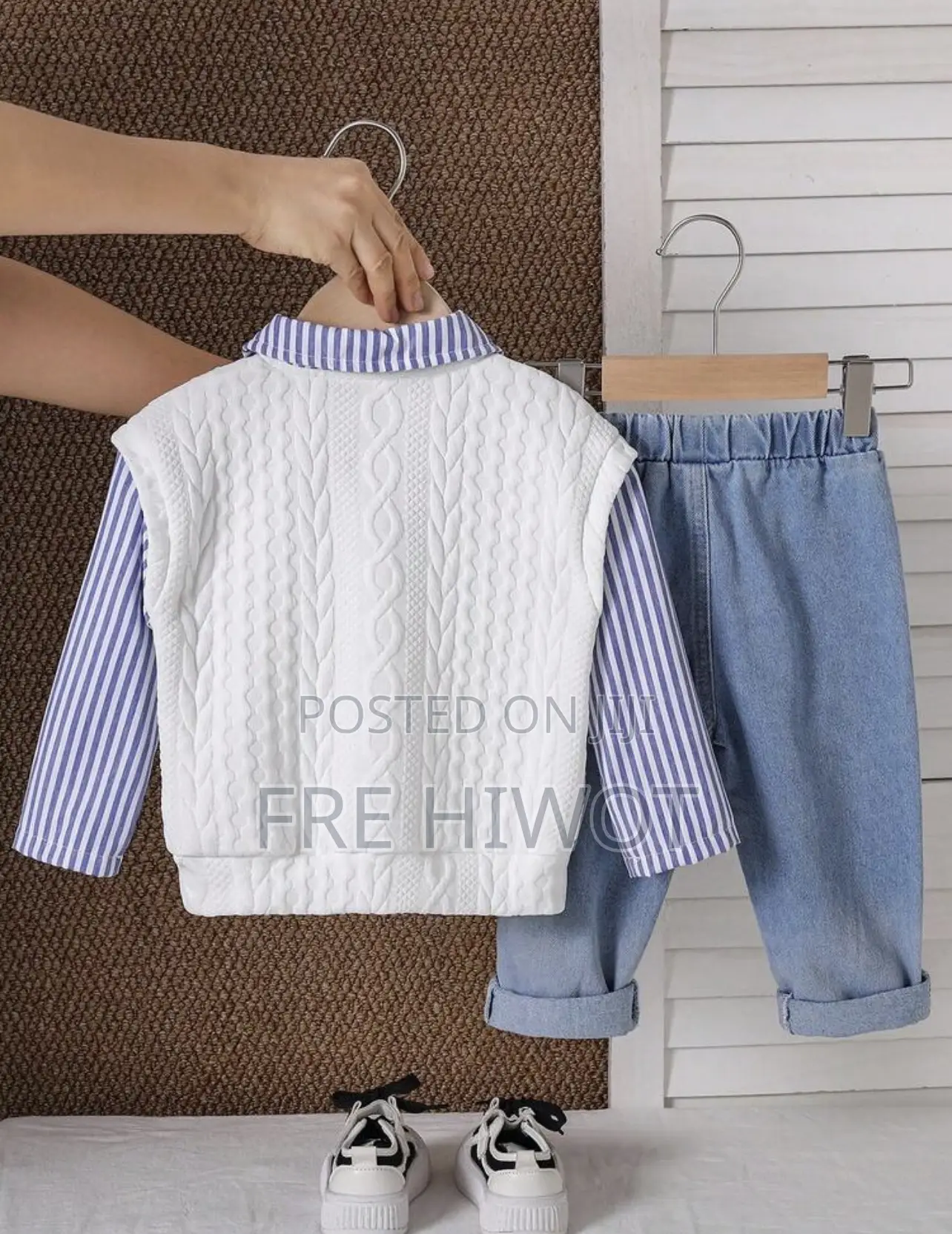 2pcs/Set Baby Boys,Long Sleeve Blue White Stripe Shirt,Knit Vest
