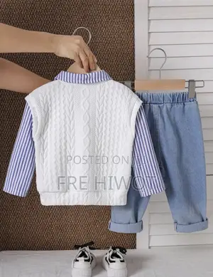 2pcs/Set Baby Boys,Long Sleeve Blue White Stripe Shirt,Knit Vest