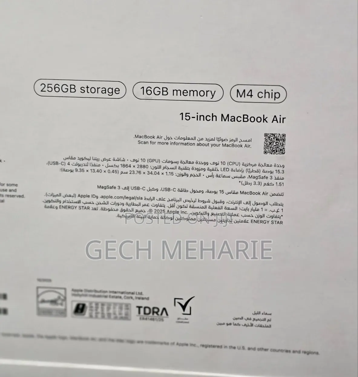 New Laptop Apple MacBook Air 2025 M4 16GB Apple M4 SSD 256GB