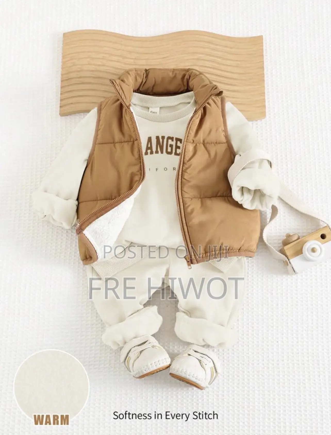 3pcs White and Brown Baby Boys Outerwear Set