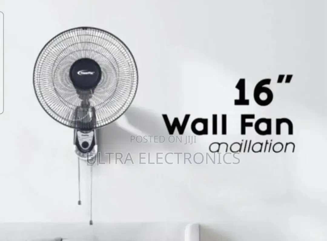 Powerpac 16-Inch Wall Fan Features a Black Motor Housing and Blade