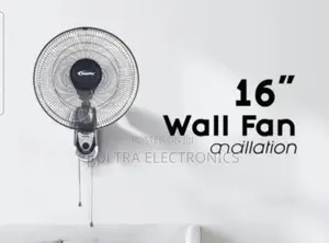 Powerpac 16-Inch Wall Fan Features a Black Motor Housing and Blade