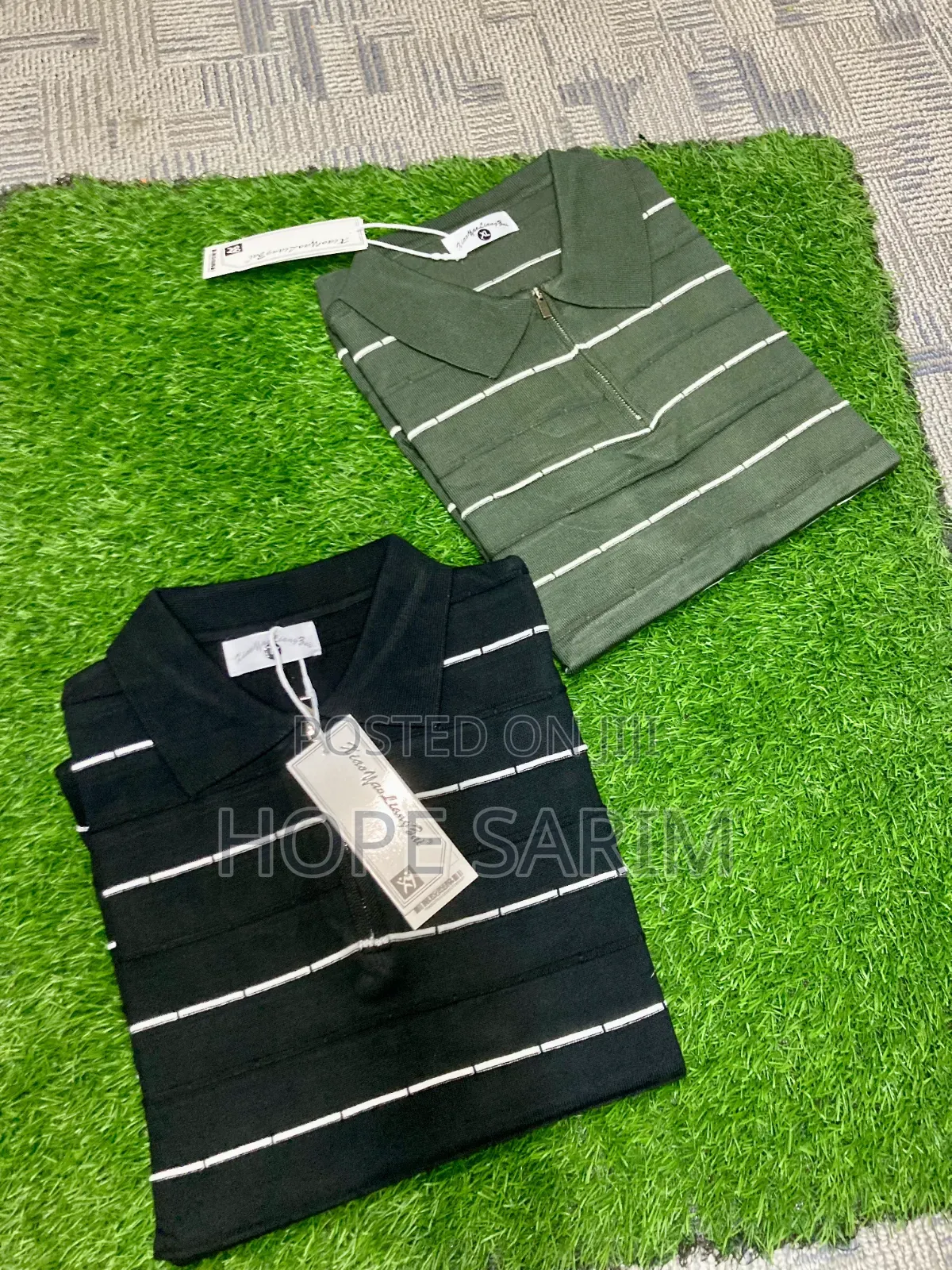 Men's Black White Striped Knitted Polo Shirt