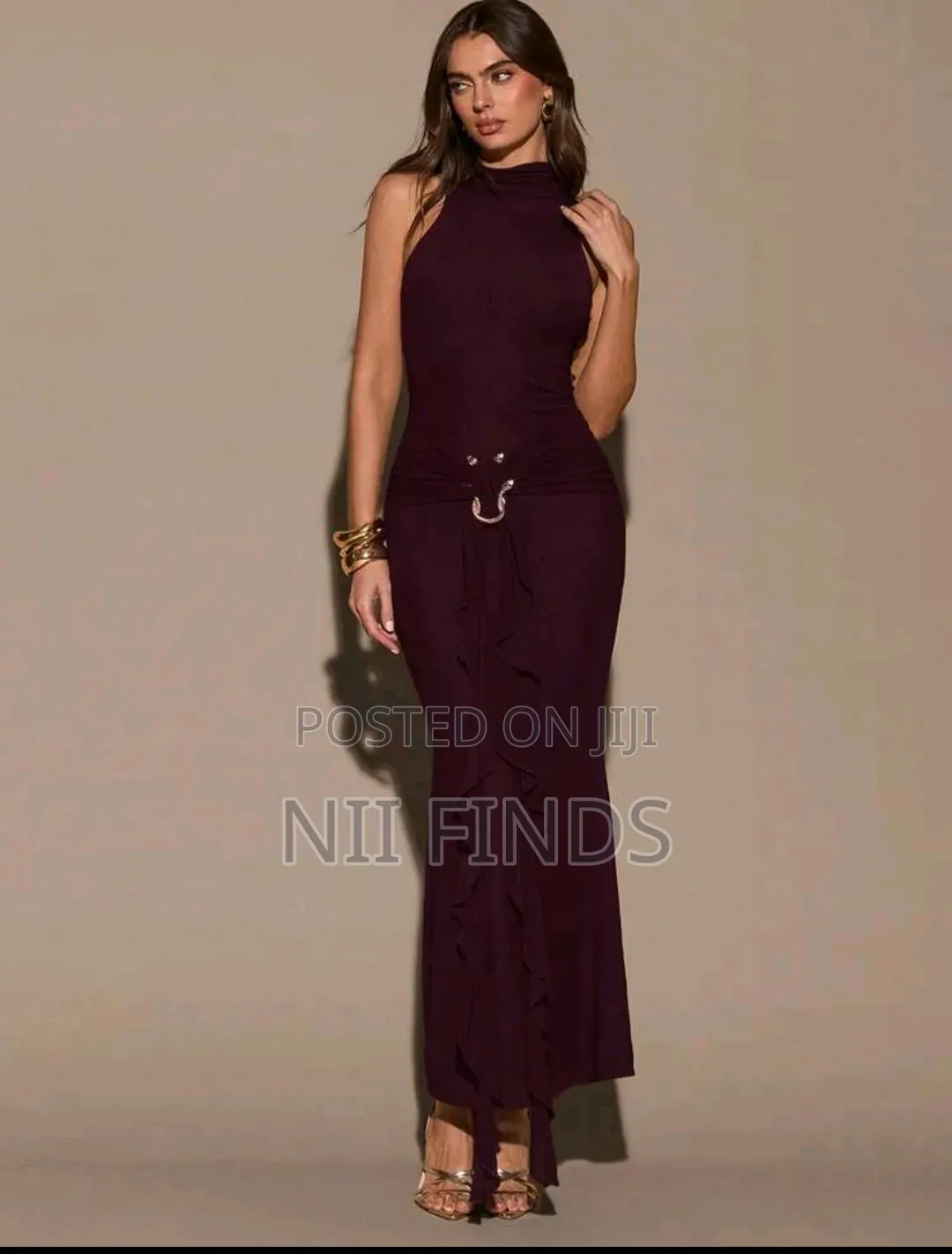 Shein Women's Burgundy High-Neck Fishtail Hem Elegant Maxi Dress