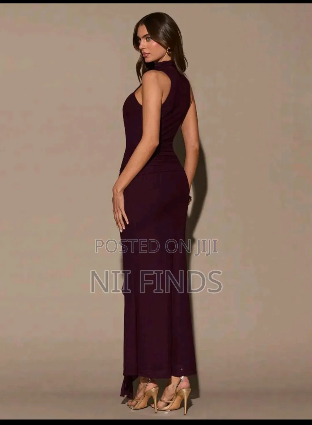 Shein Women's Burgundy High-Neck Fishtail Hem Elegant Maxi Dress