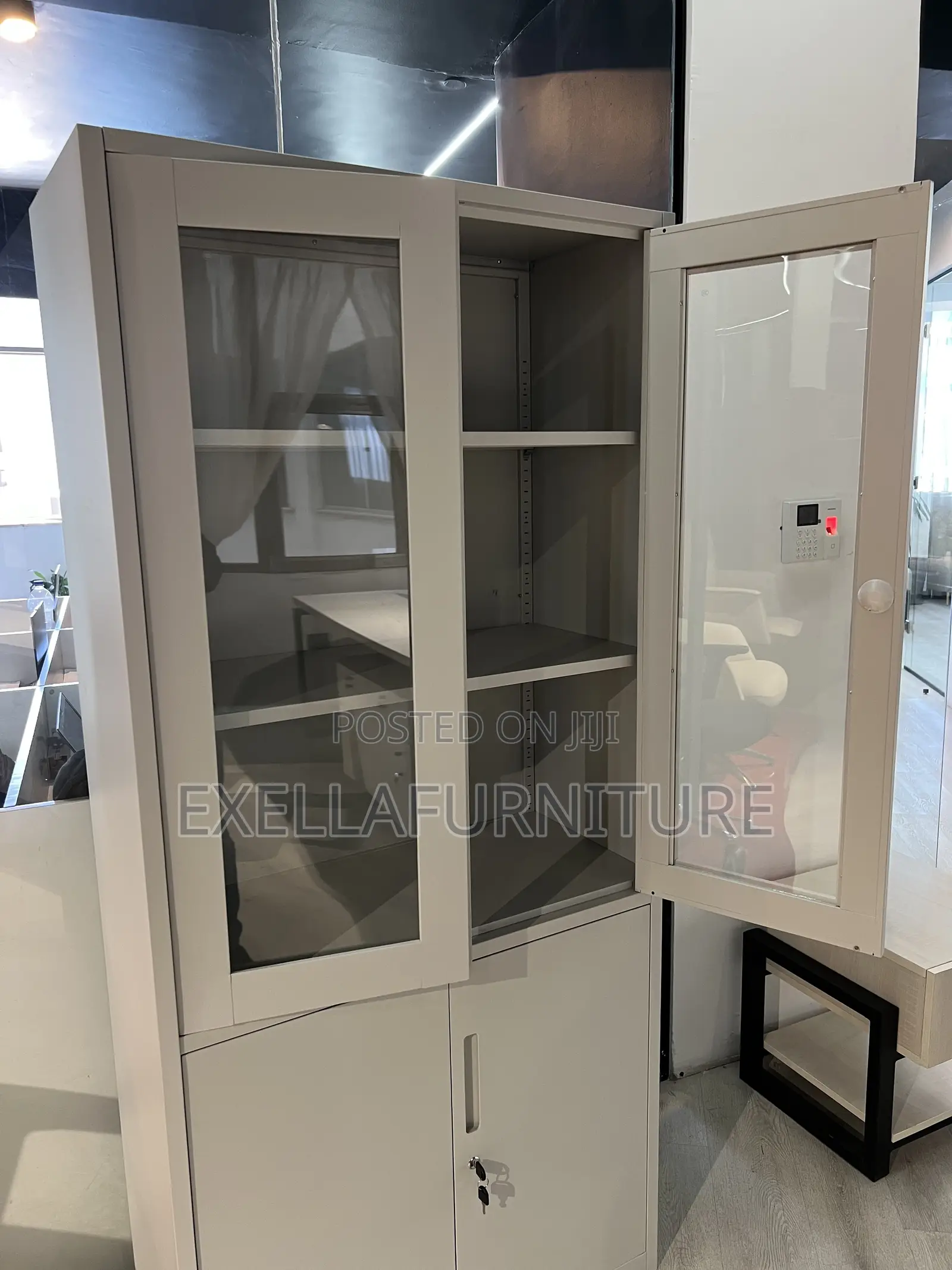 Metal Storage Cabinet With Glass Doors.