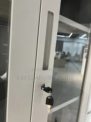 Metal Storage Cabinet With Glass Doors.