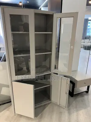 Metal Storage Cabinet With Glass Doors.
