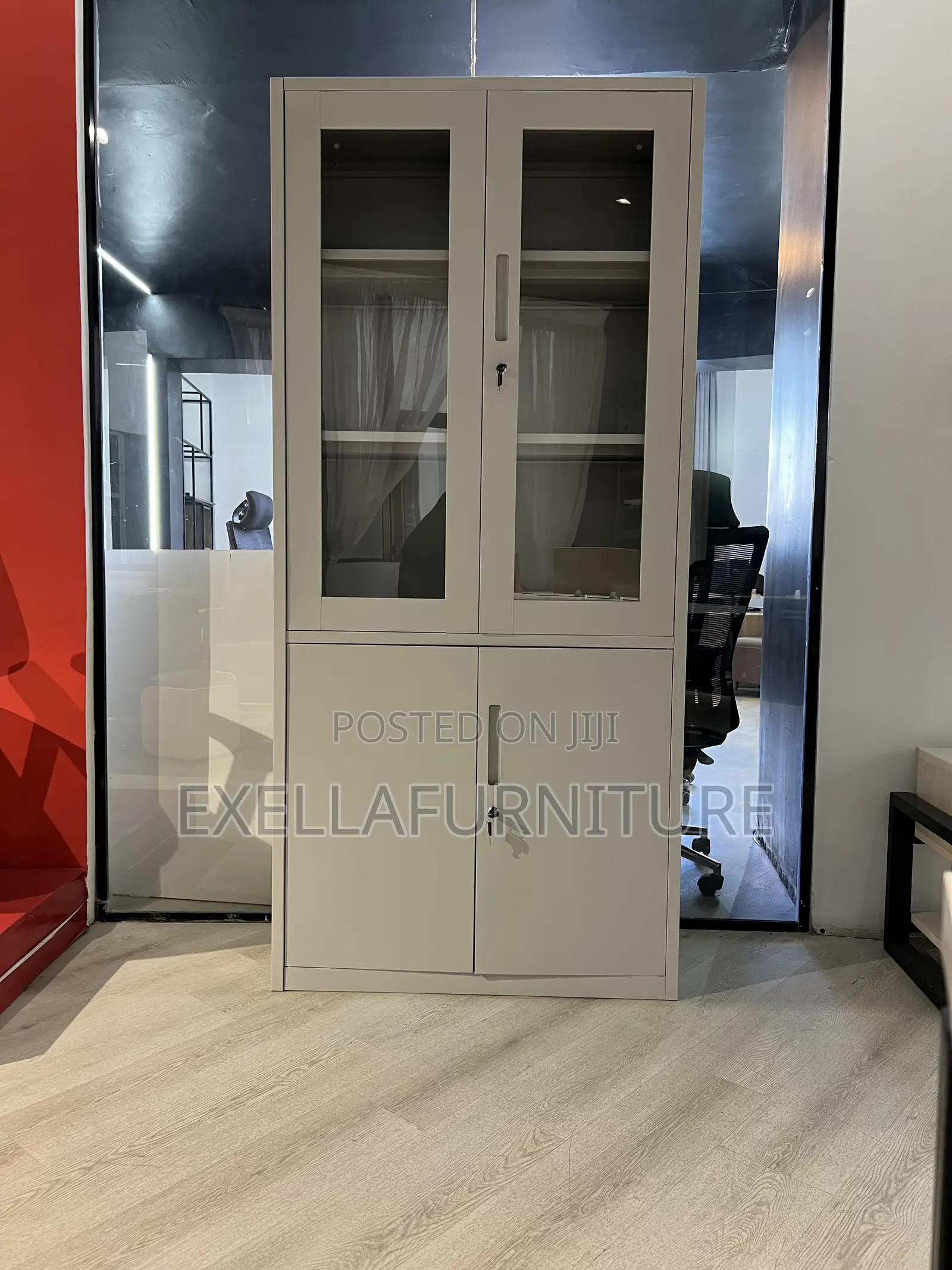 Metal Storage Cabinet With Glass Doors.