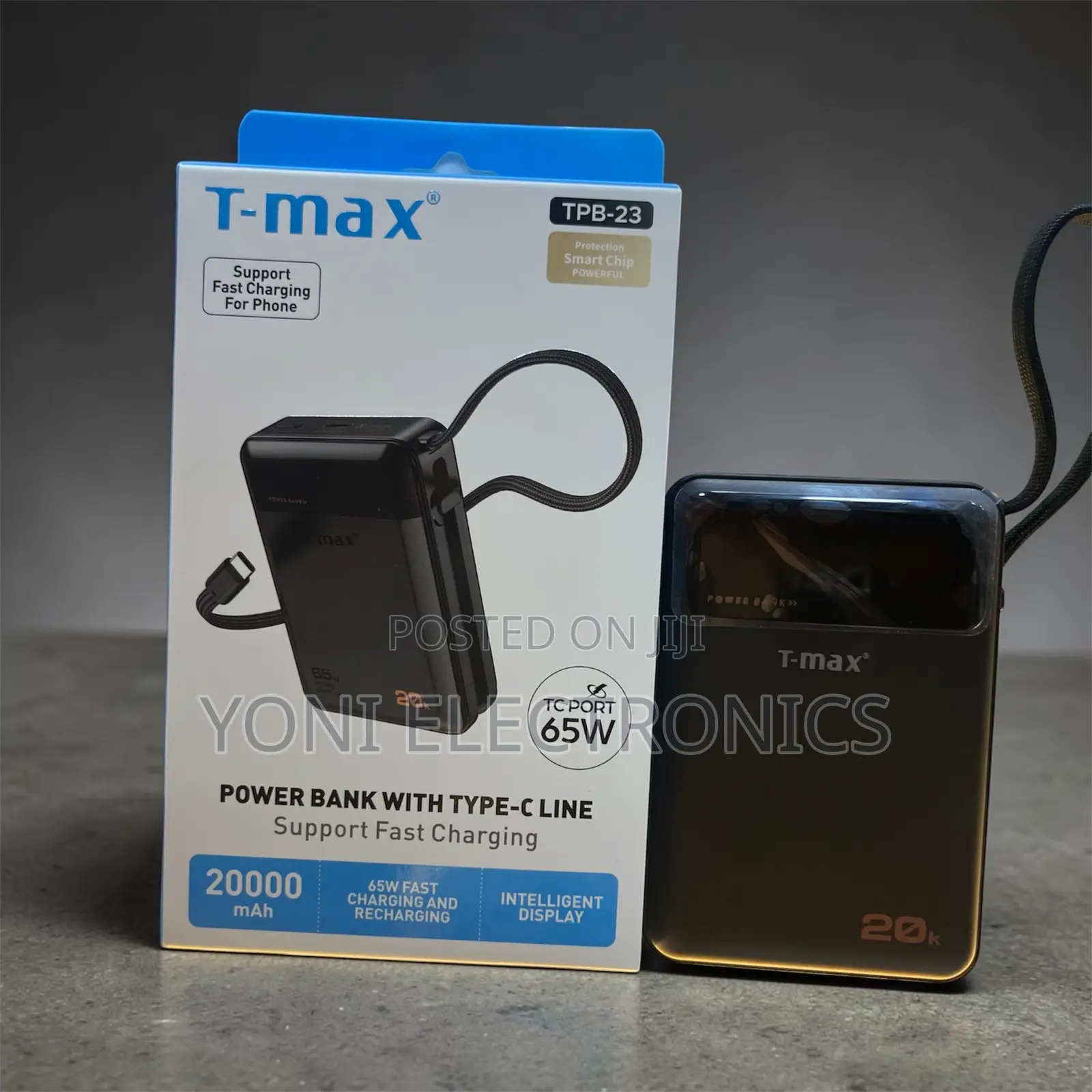 T-Max 20000mah 65w Fast Charging Power Bank With Built-in Type-C Cable
