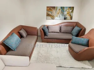 ሶፉ - Imported/Complete 3-Piece Sofa Set - Brown Faux Leather With Teal