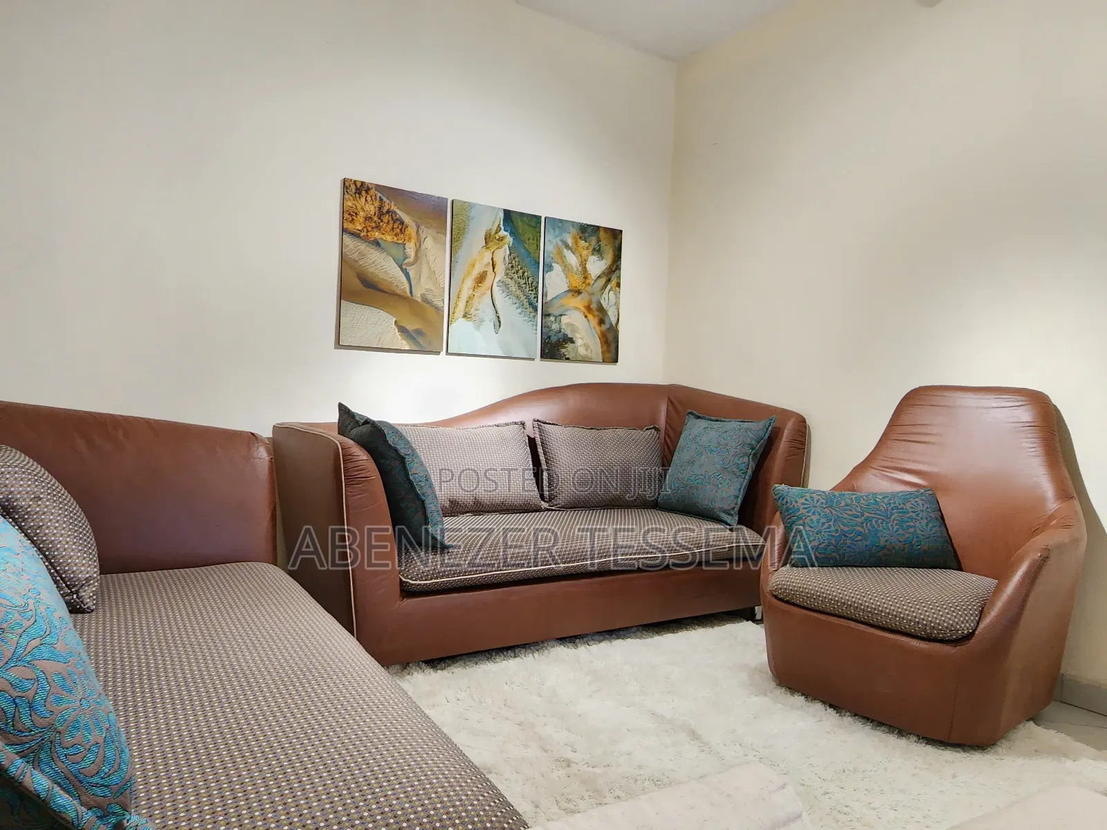 ሶፉ - Imported/Complete 3-Piece Sofa Set - Brown Faux Leather With Teal