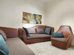 ሶፉ - Imported/Complete 3-Piece Sofa Set - Brown Faux Leather With Teal