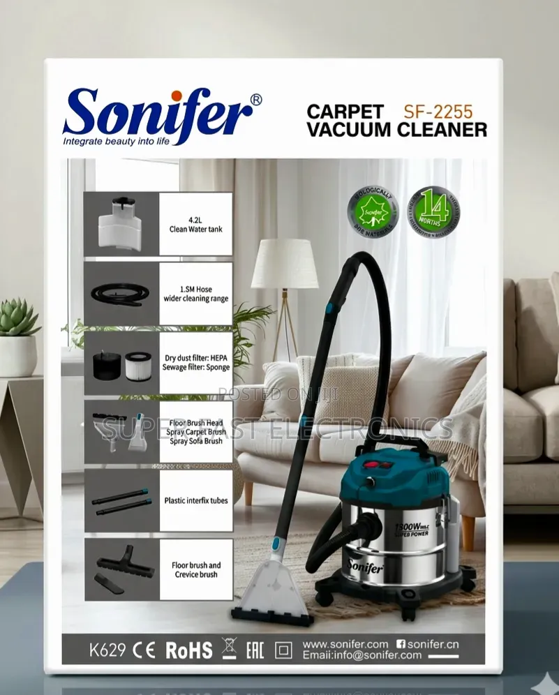 Sonifer Carpet Vacuum Cleaner Wet/Dry– 1600w, 20l Capacity