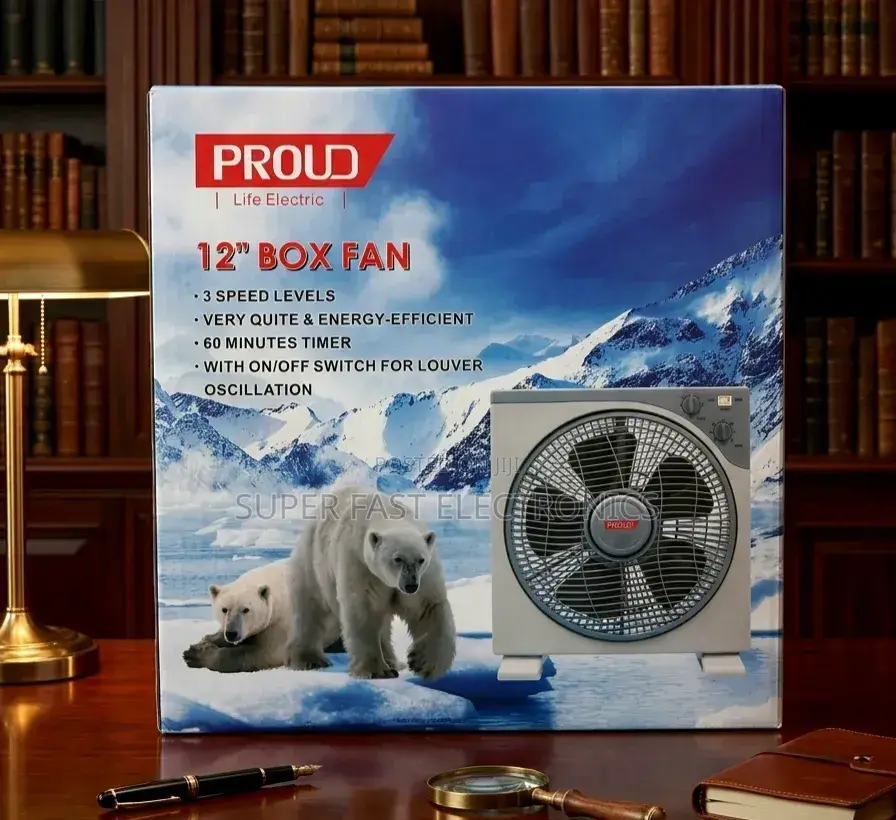 Proud 12-Inch Box Fan – 3-Speed Quiet Cooling Fan With 60-Minute Timer