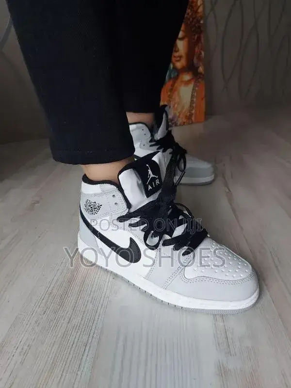Nike Air Jordan 1 Mid Sneakers Light Smoke Grey, White, and Black