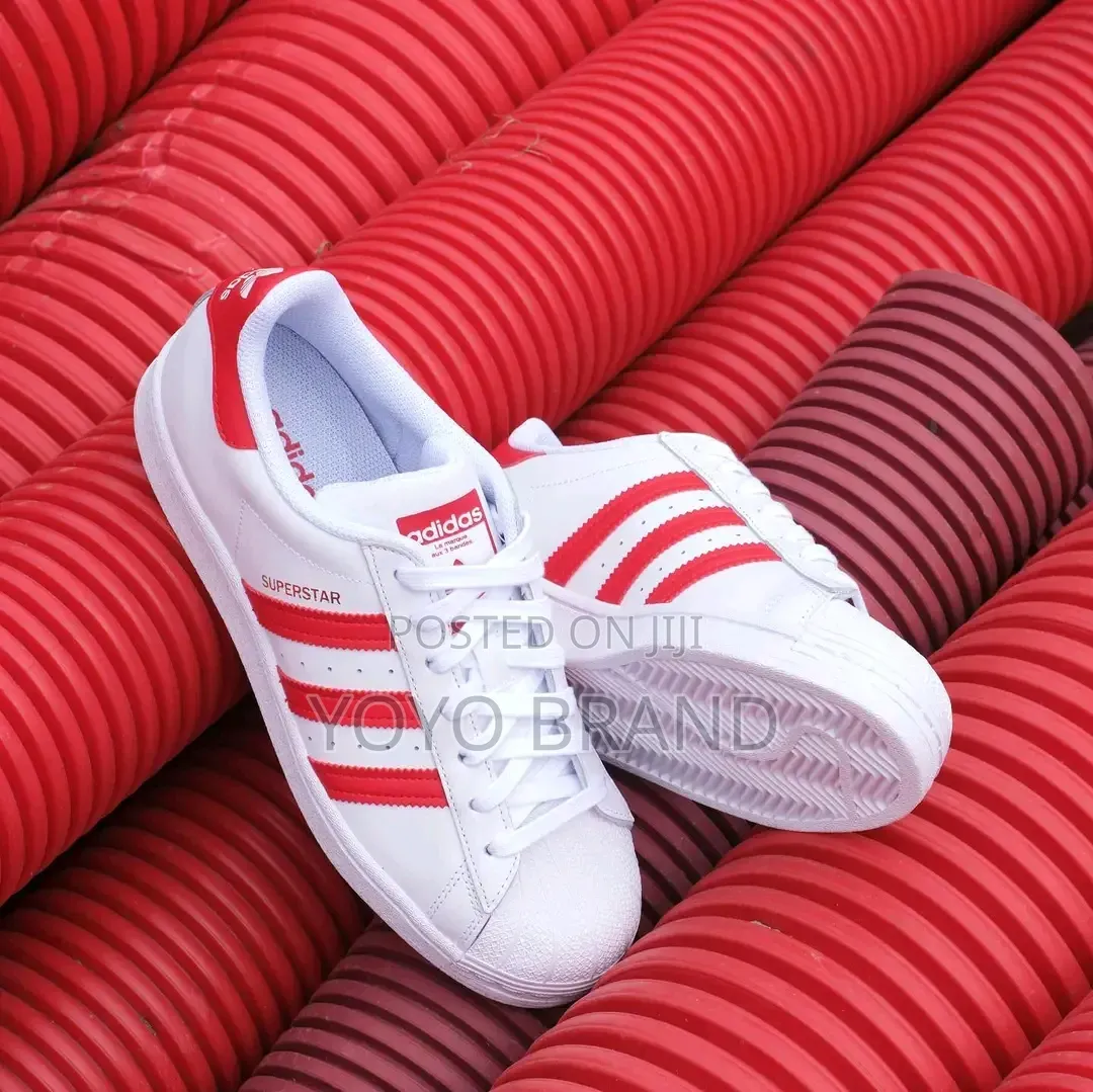 Adidas Superstar Classic White Leather Upper With Bold Red Stripes