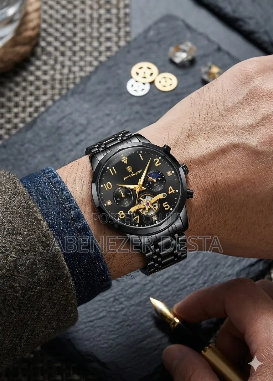 Poedagar Wristwatch Features a Black Stainless Steel Band