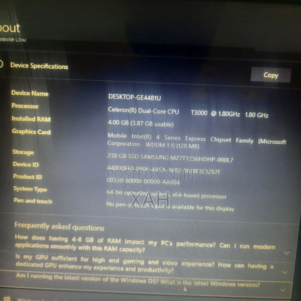 Laptop Toshiba Satellite L500 4GB Intel Celeron SSD 256GB
